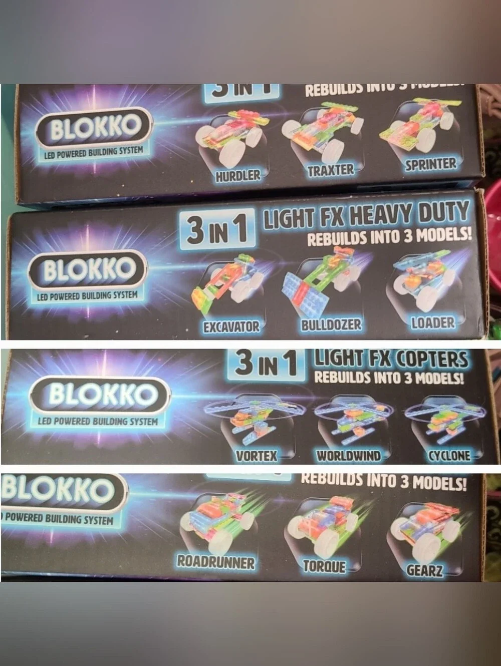 Blokko 4 Pack Of  Light FX 3 In 1  Building Sets. Lighted & Makes 12 Diff Models